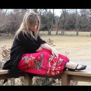 Vintage Peacock Ways Linen Embroidered Pants