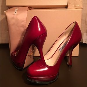 NEW Prada Scarlet Red Leather Platform Pumps