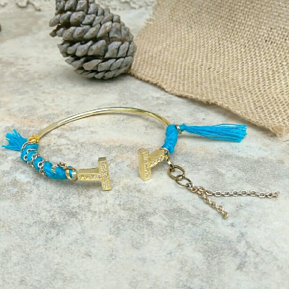 Gold and Turquoise "T" Cuff Bracelet with Chains