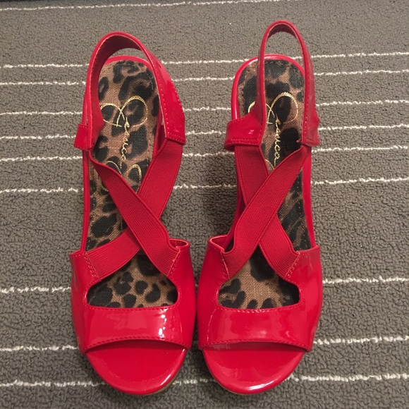 Jessica Simpson open toe red wedges, size 6.5.