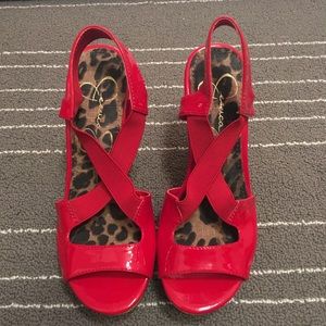 Jessica Simpson open toe red wedges, size 6.5.