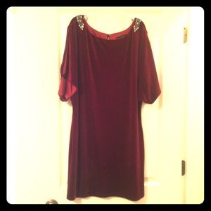 NWOT red velvet shift dress with shoulder beading