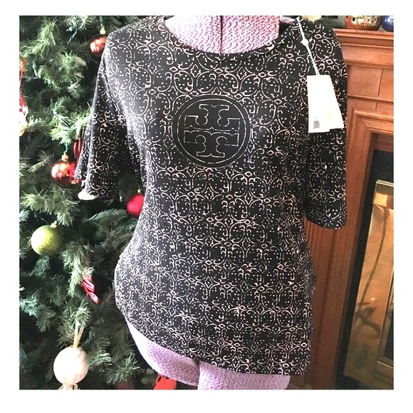 Tory Burch Tops - ♦️SOLD♦️Tory Burch Hanna Logo Tee Black Gold Foil