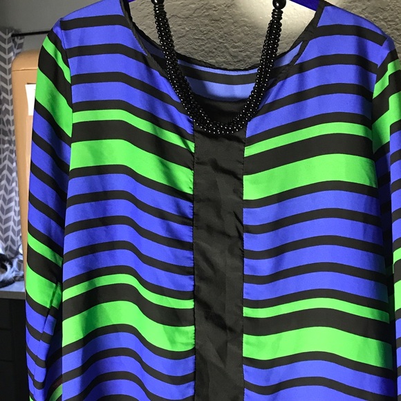 Blue, black and green striped blouse
