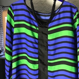 Blue, black and green striped blouse