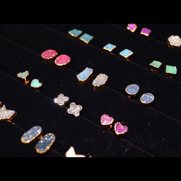Druzy stud earrings boho jewelry - Picture 2 of 3