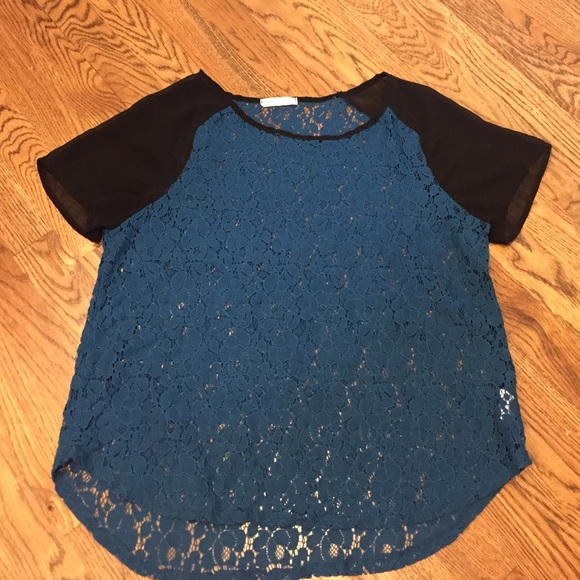 Lush Tops - LUSH Blue Lace & Sheer Black Sleeved Blouse