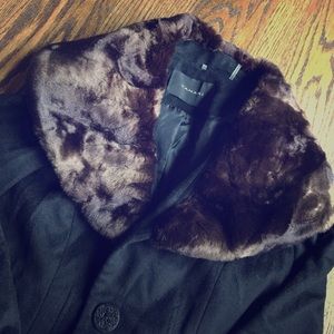 Tahari black coat with dark brown faux fur collar