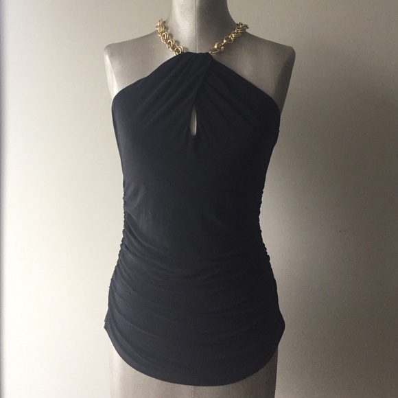 Black Halter With Gold Chain Accents.