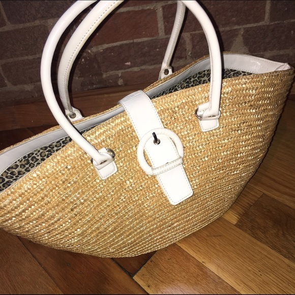 Straw and white tote with leopard lining