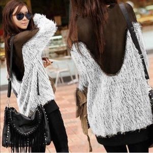 Women long sleeves backless transparent blouse