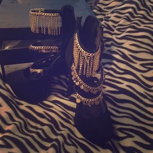 Black suede 4" heels with gold danglings