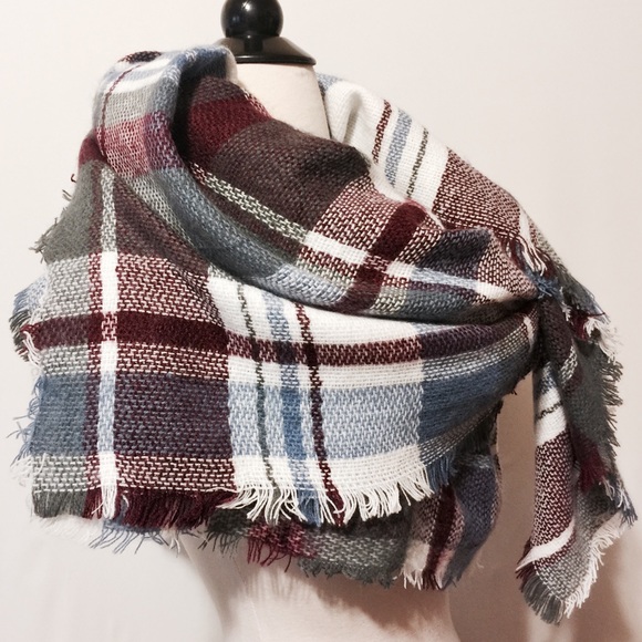 Accessories - Silk & Pashmina Blanket Scarf - Wine Gray Plaid