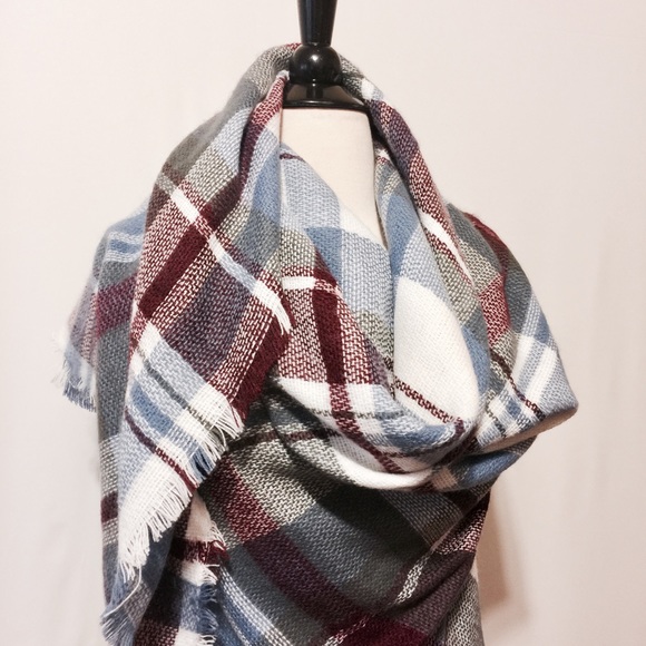 Silk & Pashmina Blanket Scarf - Wine Gray Plaid - Picture 2 of 7