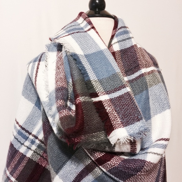 Silk & Pashmina Blanket Scarf - Wine Gray Plaid - Picture 3 of 7