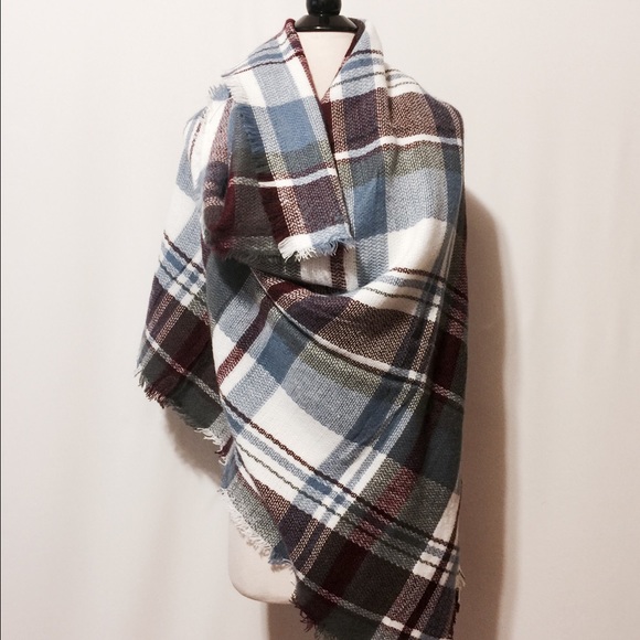 Silk & Pashmina Blanket Scarf - Wine Gray Plaid - Picture 4 of 7