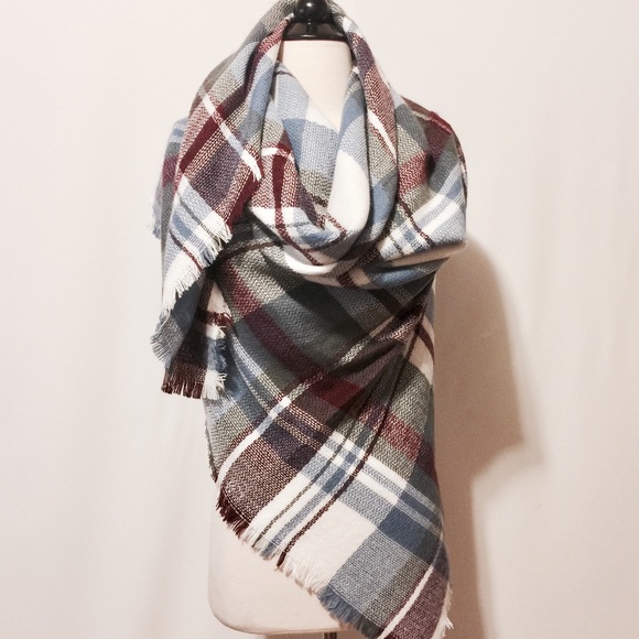 Silk & Pashmina Blanket Scarf - Wine Gray Plaid - Picture 5 of 7