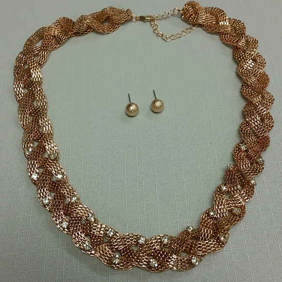 Rose Gold & Crystal Braided Chain w/ match Earring