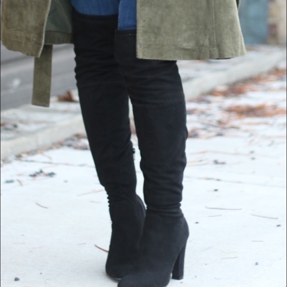 Over the knee black heeled boots