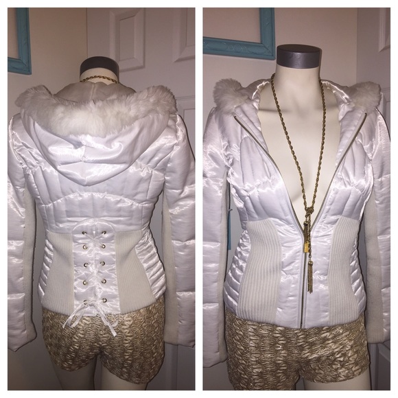 bebe Jackets & Blazers - Bebe White Satin Fur Lined Corset Winter Coat XS