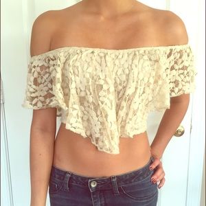 Off-the-shoulder, lace crop top!