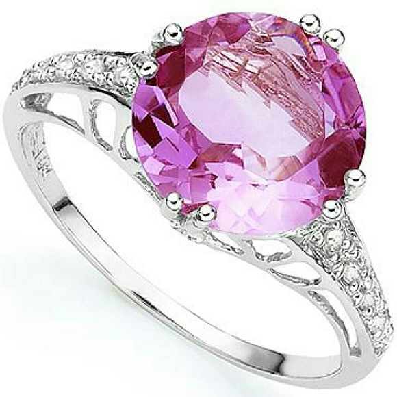 10K Solid White Gold Diamonds and pink topaz ring - Picture 1 of 2