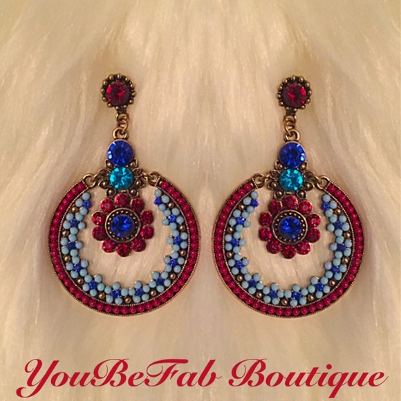 YouBeFab Jewelry - Burnished Gold, Red, & Blue Statement Earrings