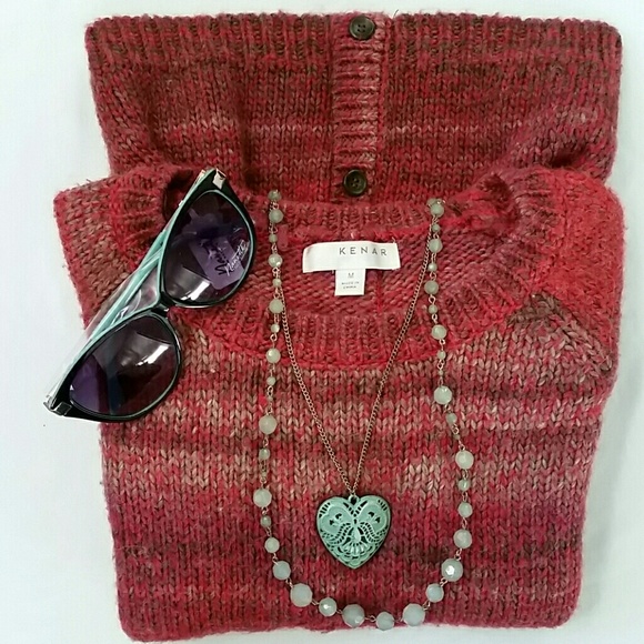 Kenar Sweaters - KENAR Button Back Red Marled SOFT Wool Sweater Med