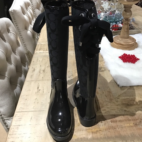 Coach black lace-up rain boots