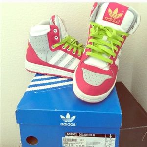 Size 8 high top Adidas- pink, grey, and green