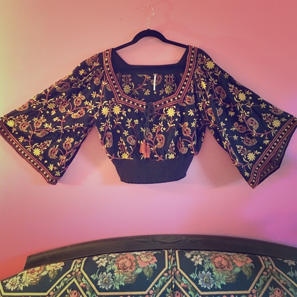Free People Embroidered Crop Bell Sleeved Top