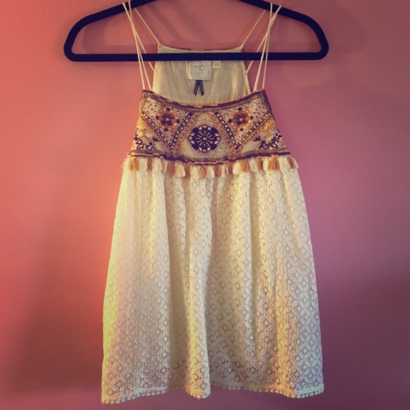 Anthropologie Embroidered Tassel Tank