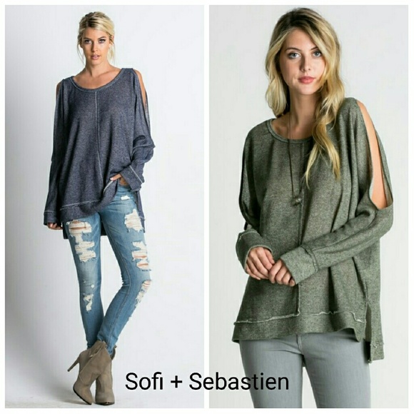 Cold shoulder sweatshirt top heather olive or Navy - Picture 2 of 5