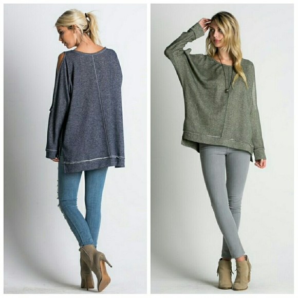 Cold shoulder sweatshirt top heather olive or Navy - Picture 3 of 5