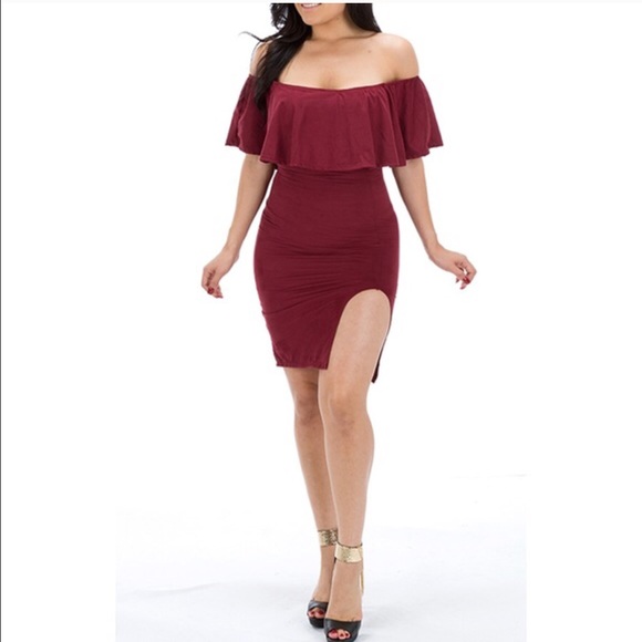 Burgundy Off Shoulder Suede Detail Dress