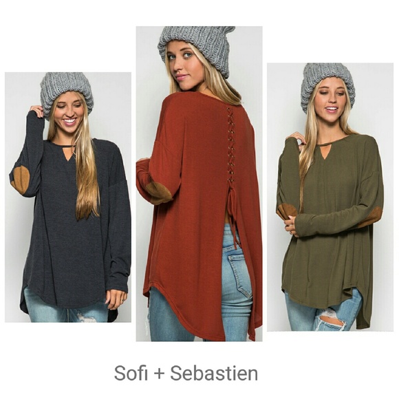 Lace up back knit top suede elbow patches 3 colors - Picture 3 of 7