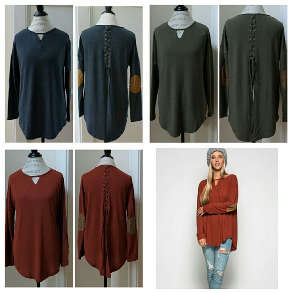 Lace up back knit top suede elbow patches 3 colors - Picture 4 of 7