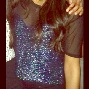 Sequined crop top with mesh border