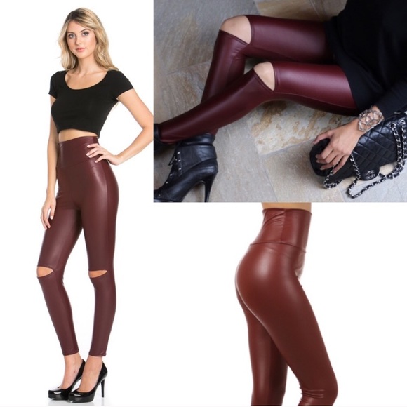 SOLD OUT Burgundy Faux Leather Leggings High Waist - Picture 3 of 8