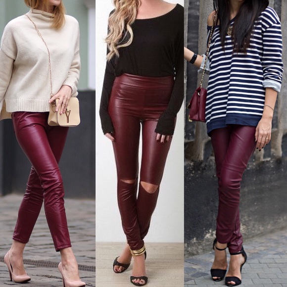 SOLD OUT Burgundy Faux Leather Leggings High Waist - Picture 2 of 8