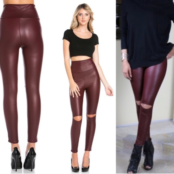 SOLD OUT Burgundy Faux Leather Leggings High Waist - Picture 7 of 8
