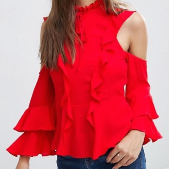 ASOS Tops - NWT ASOS Cold Shoulder Red Ruffled Blouse Sz 8
