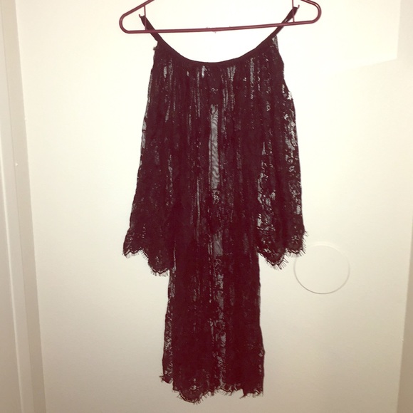 Cut out shoulder black lace swim suit cover