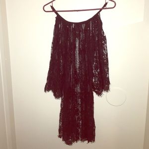 Cut out shoulder black lace swim suit cover
