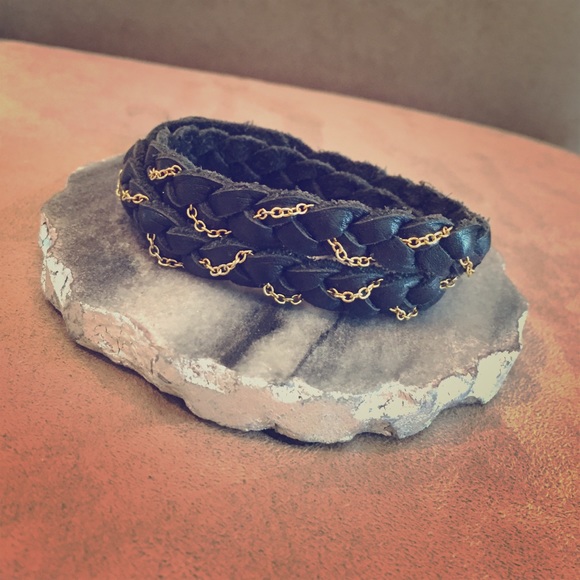 Black leather & gold chain braided wrap bracelet