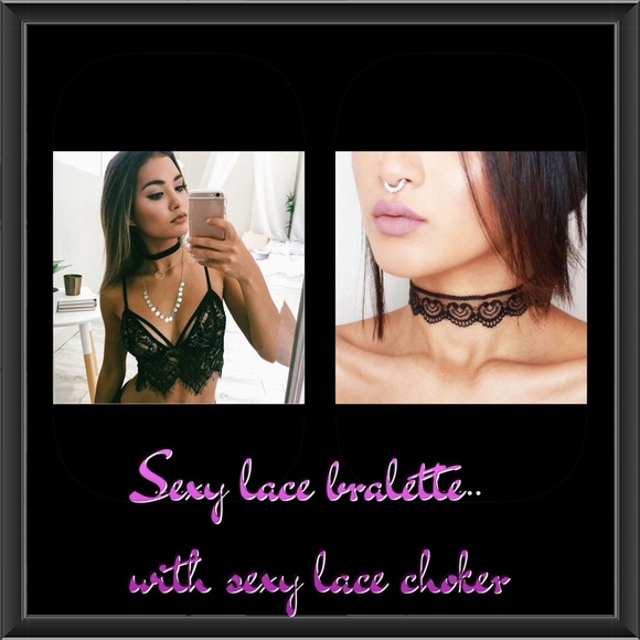 Sexy black lace bralette with sexy black choker.