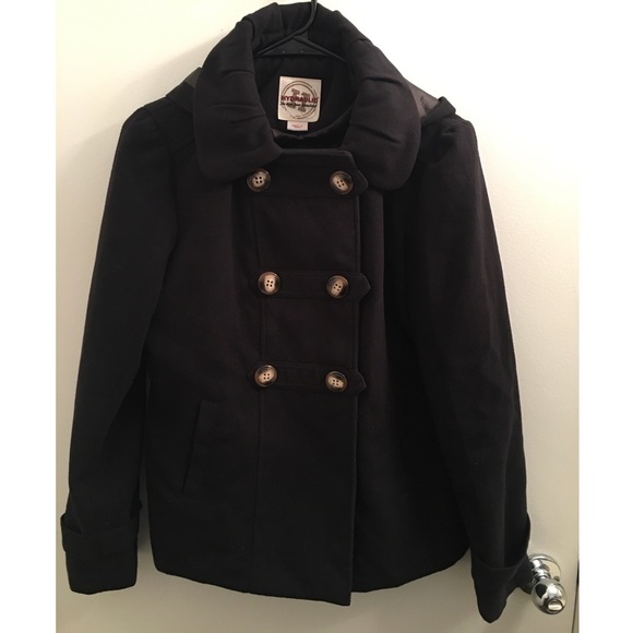 Hydraulic Double Breasted Black Peacoat with hood