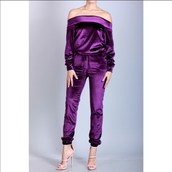 Crushed Velvet Off the Shoulder Jumpsuit - Picture 1 of 2