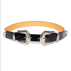 Carved double buckle western thin leather belt