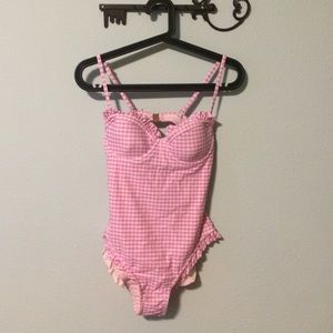 Wildfox pink ruffle gingham one piece swim suit